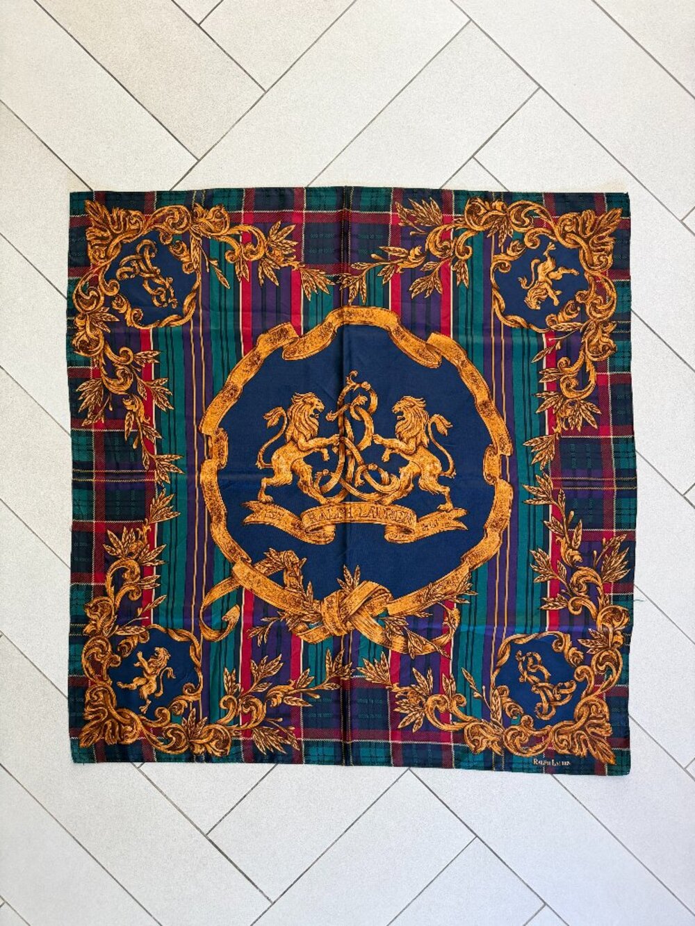 80's 90's Ralph Lauren Lion Crest Tartan & Stripe Silk Scarf